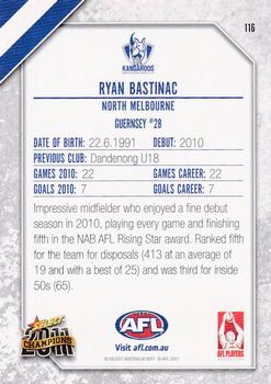 2011 Select AFL Champions #116 Ryan Bastinac Back